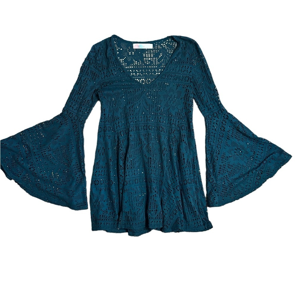 Free People Beach Teal Goldie Crochet Lace Bell Sleeve Swing Dress Size Small